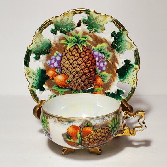 Royal Sealy Fruit Teacup and Saucer Pineapple Grapes Strawberries - Picture 6 of 10